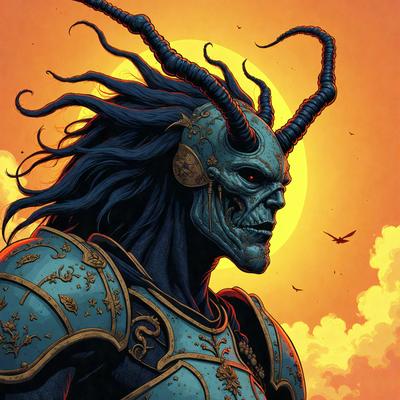 The primary subject of the image is a person wearing a blue suit with horns on their head. The setting is a sunset, with the sun visible in the background. The visual style is a digital art or illustration, creating a dramatic and fantastical atmosphere. The colors are predominantly blue and orange, with the blue suit and the orange hues of the sunset creating a striking contrast.